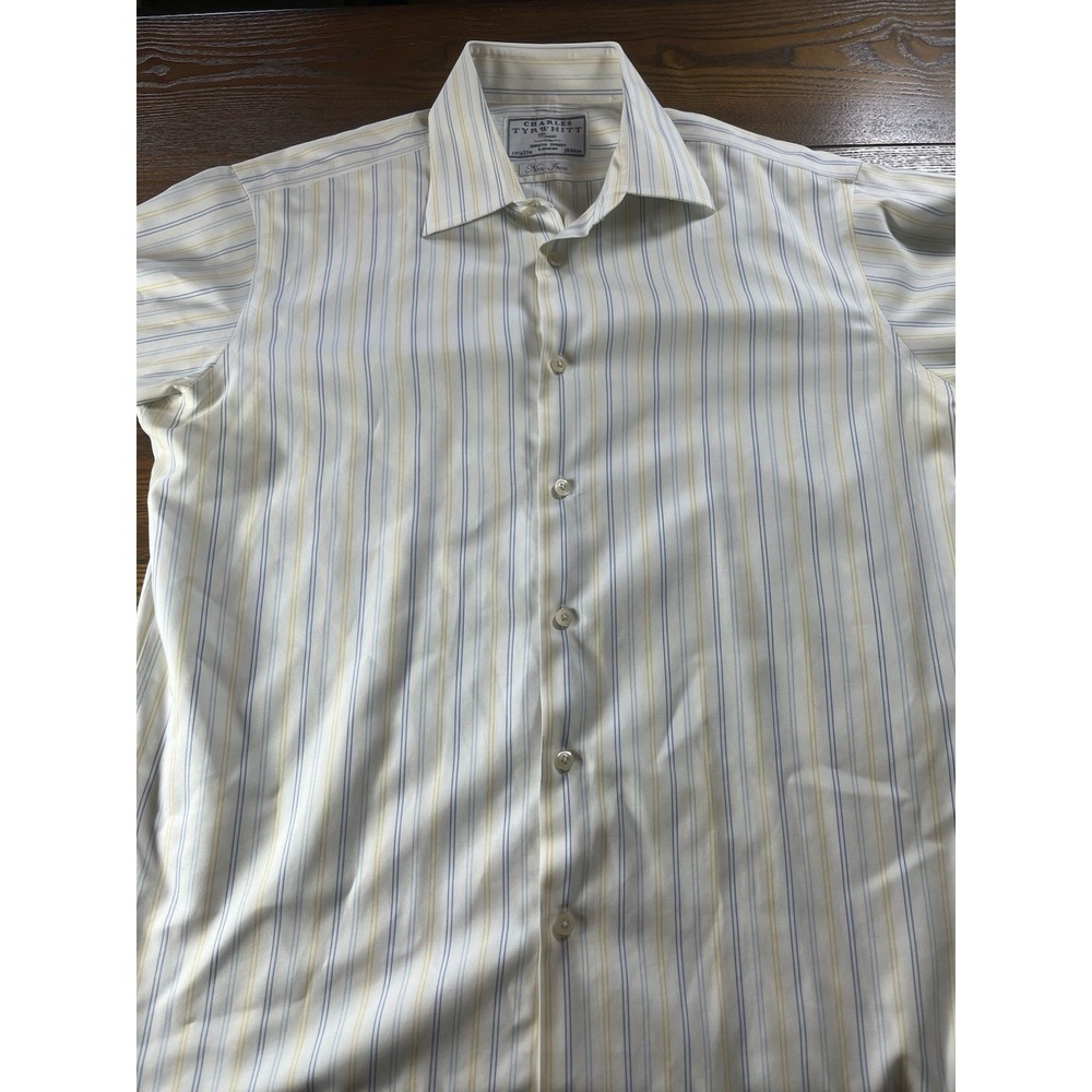 Charles Tyrwhitt Shirt Mens 15.5/33 Yellow Blue Striped Long Sleeve Button
